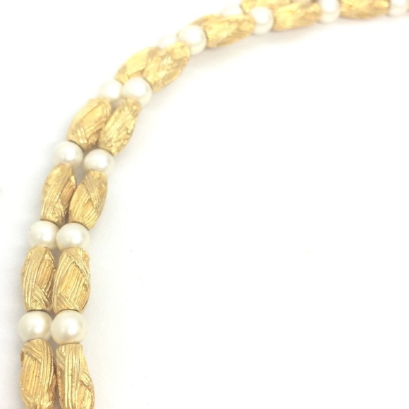 VINTAGE MID CENTURY MODERN MCM NECKLACE BRUSHED GOLD TONE PEARL DOUBLE STRAND - Picture 7 of 16